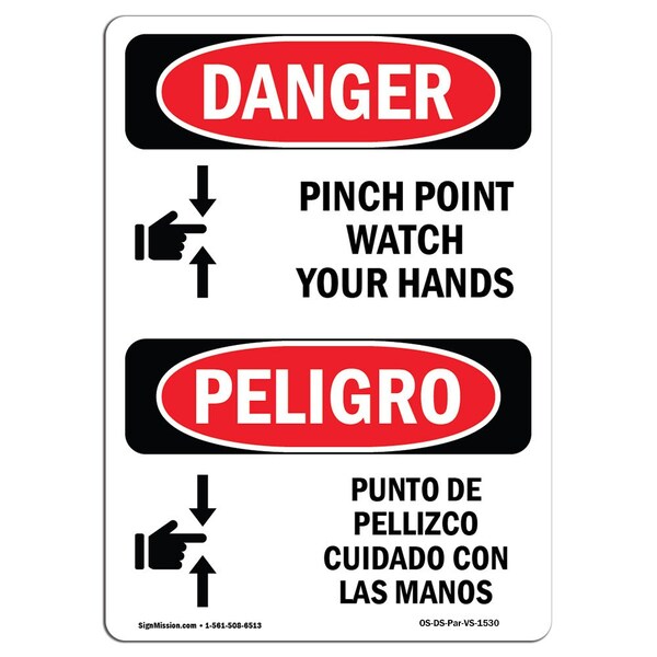 OSHA Sign, Pinch Point Watch Your Hands Bilingual, 24in X 18in Alum, 18" W, 24" L, Spanish